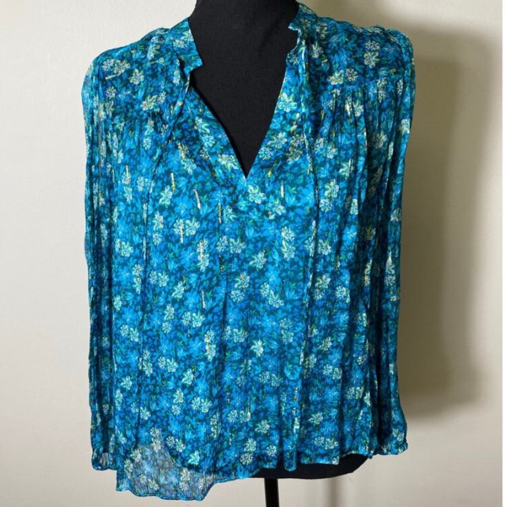 Shoshanna Regency Gold Liberty Print Y2K “Edie” Fairy Blouse Primary Blue - Picture 1 of 9